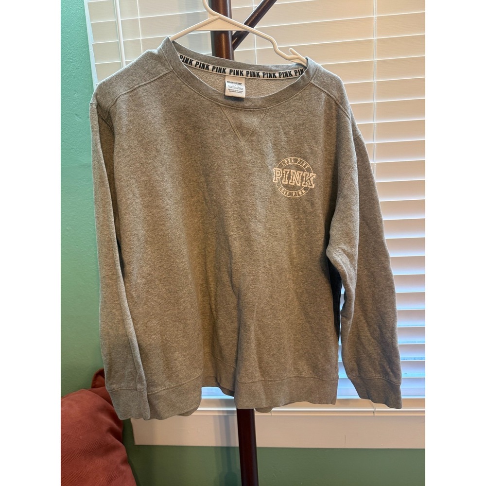 Victoria's Secret PINK Sweatshirt Womens L Gray Love Pink Crewneck Back Logo